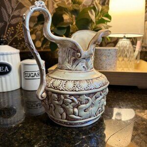 Vintage Ceramic Pitcher With Embossed Cherub & Nature Design Signed By P. Lewis
